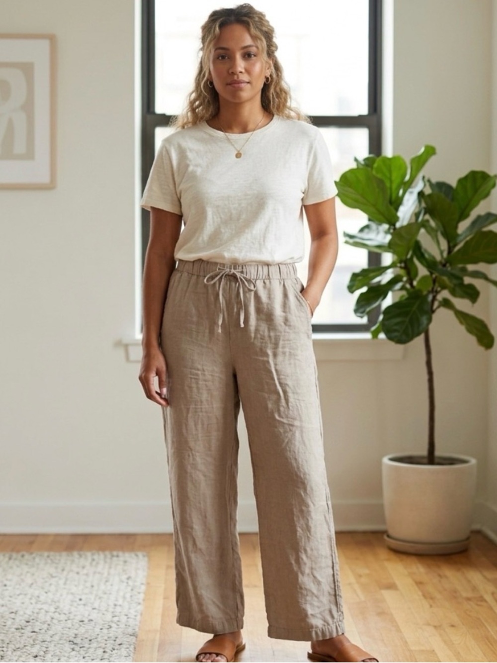 Caslon drawstring beach vacation wear 100% linen neutral natural fiber pants Lg